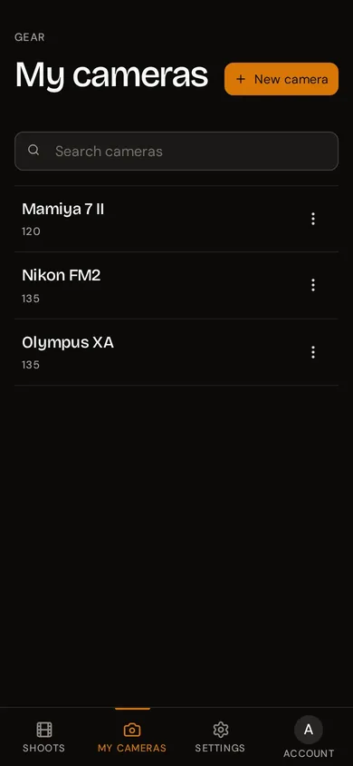 rollnote camera library listing a Mamiya 7 II, a Nikon FM2, and an Olympus XA