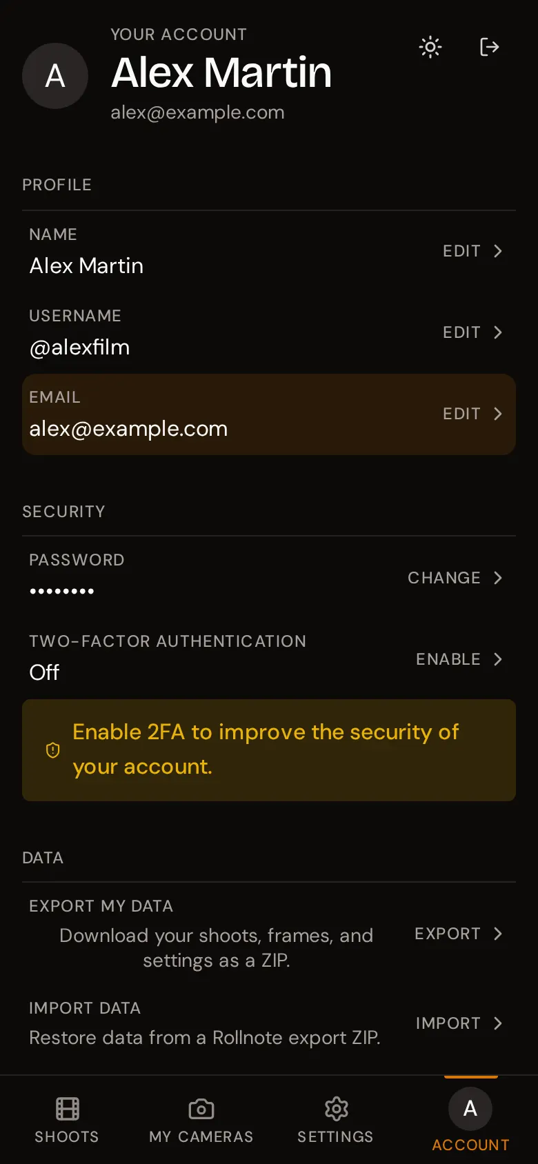 The Account page with profile rows for name, username, and email, and security rows for password and two-factor authentication