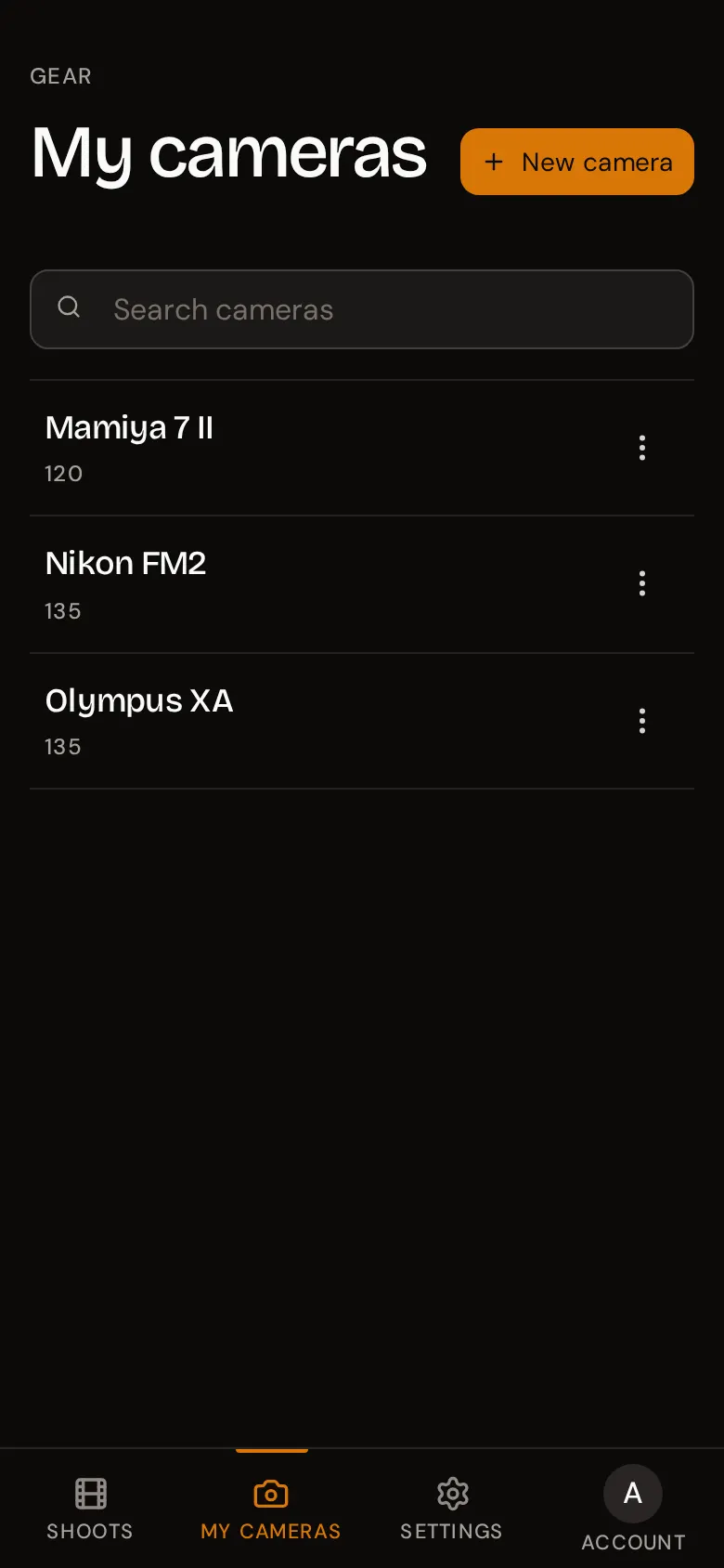 The My cameras page listing a Mamiya 7 II, a Nikon FM2, and an Olympus XA with their formats