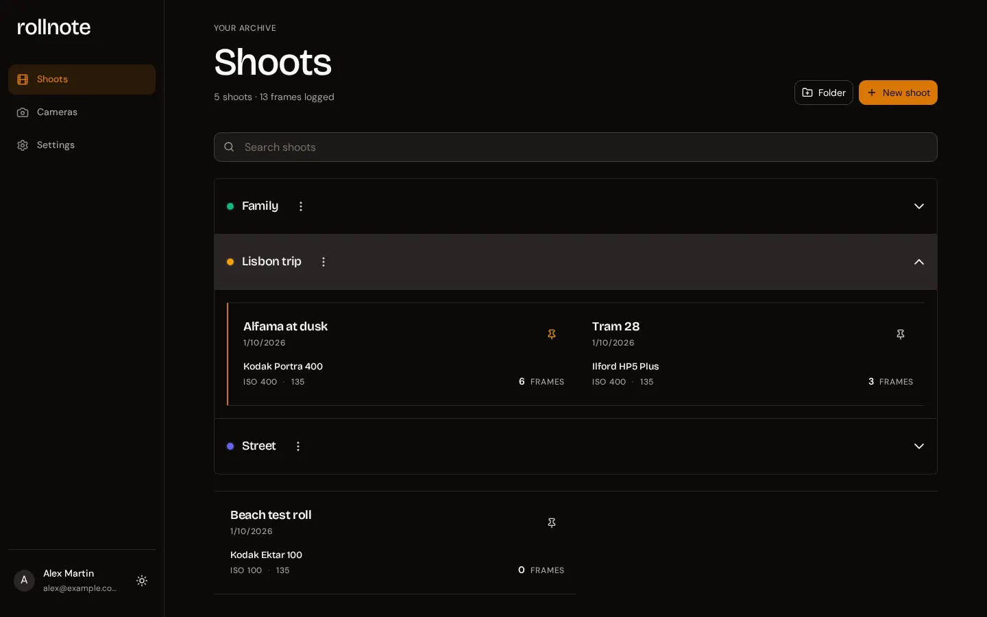 The rollnote shoots list on desktop, with the sidebar on the left and a folder expanded