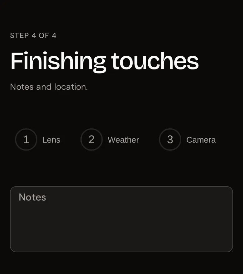 Step 4 of 4, Finishing touches, with a notes field and Location captured with coordinates