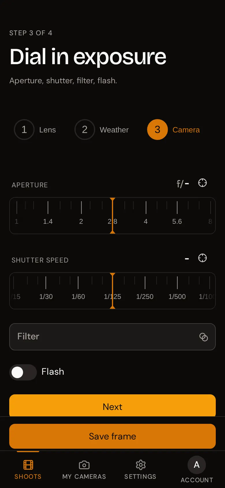 Step 3 of 4, Dial in exposure, with aperture and shutter speed dials, a filter picker, and a flash switch