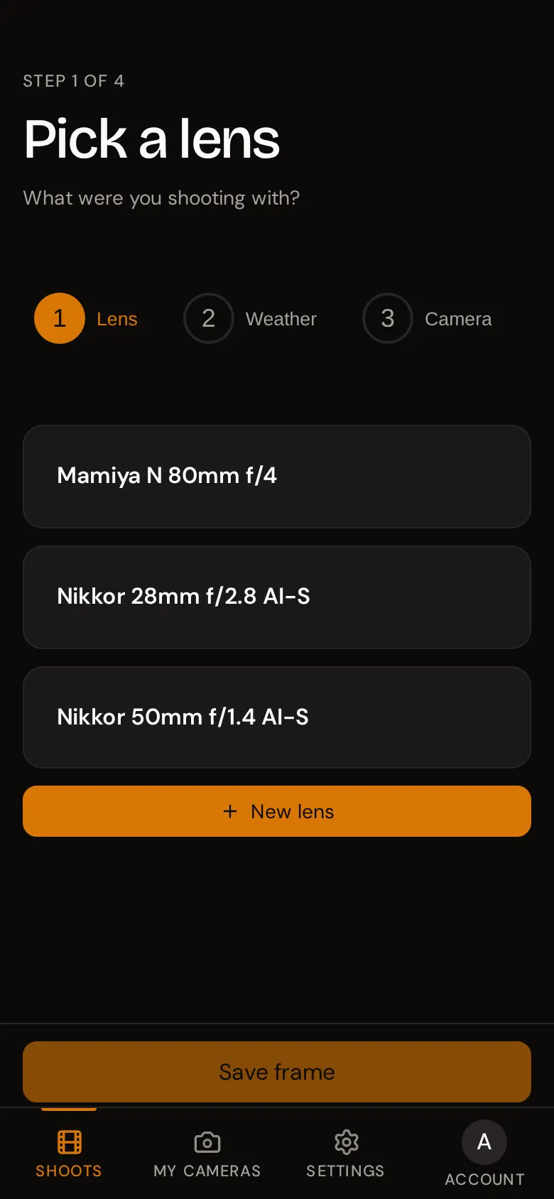 Step 1 of 4, Pick a lens, with three lens cards and a New lens button