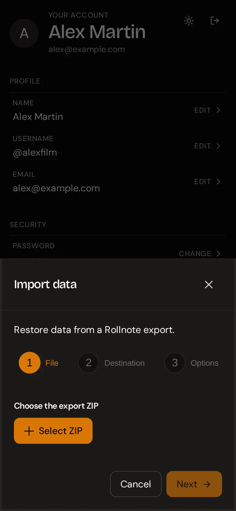 The Import data window at step 1, File, with a Select ZIP button