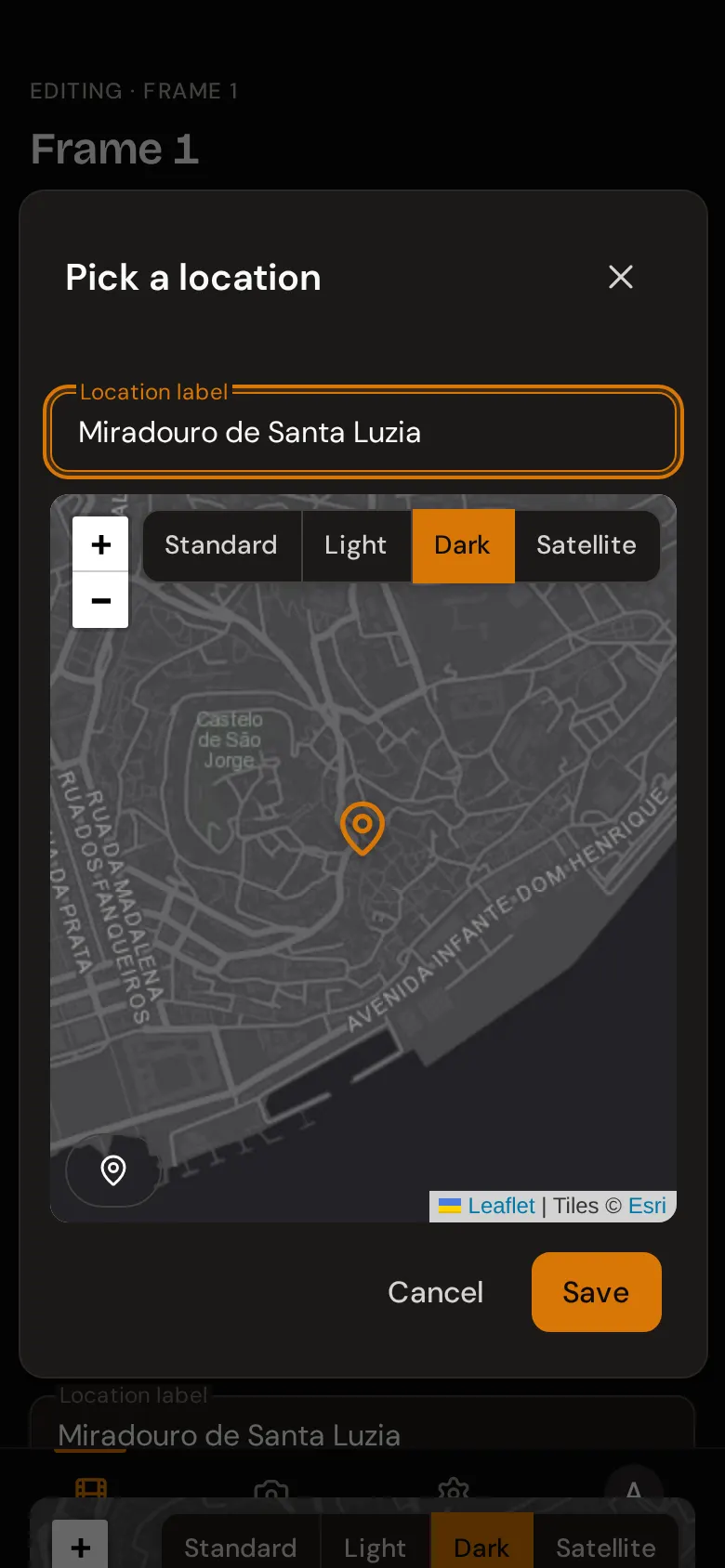 The Pick a location window with a label field, a dark street map of Lisbon, and a pin in the centre