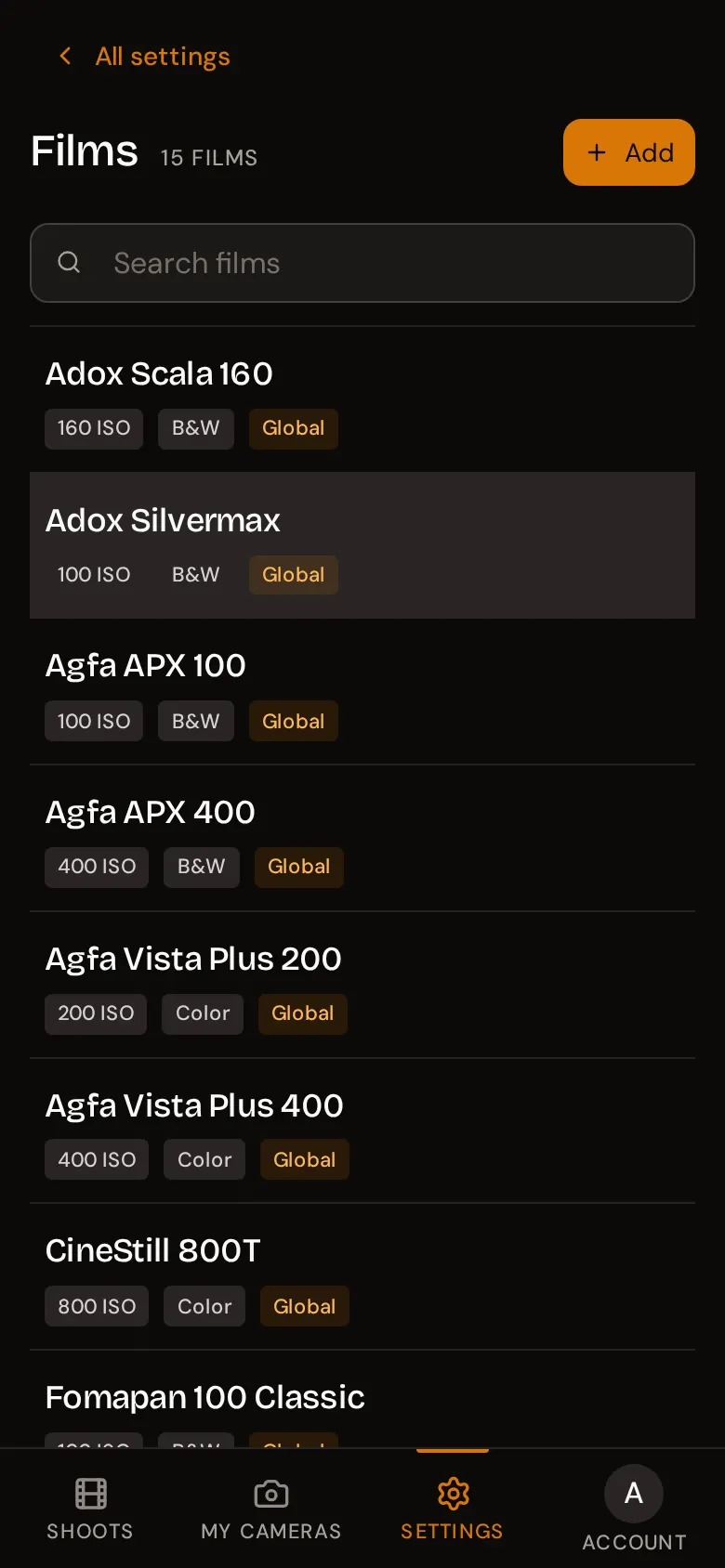 The Films settings list showing film stocks with their ISO, colour or black and white, and a Global tag