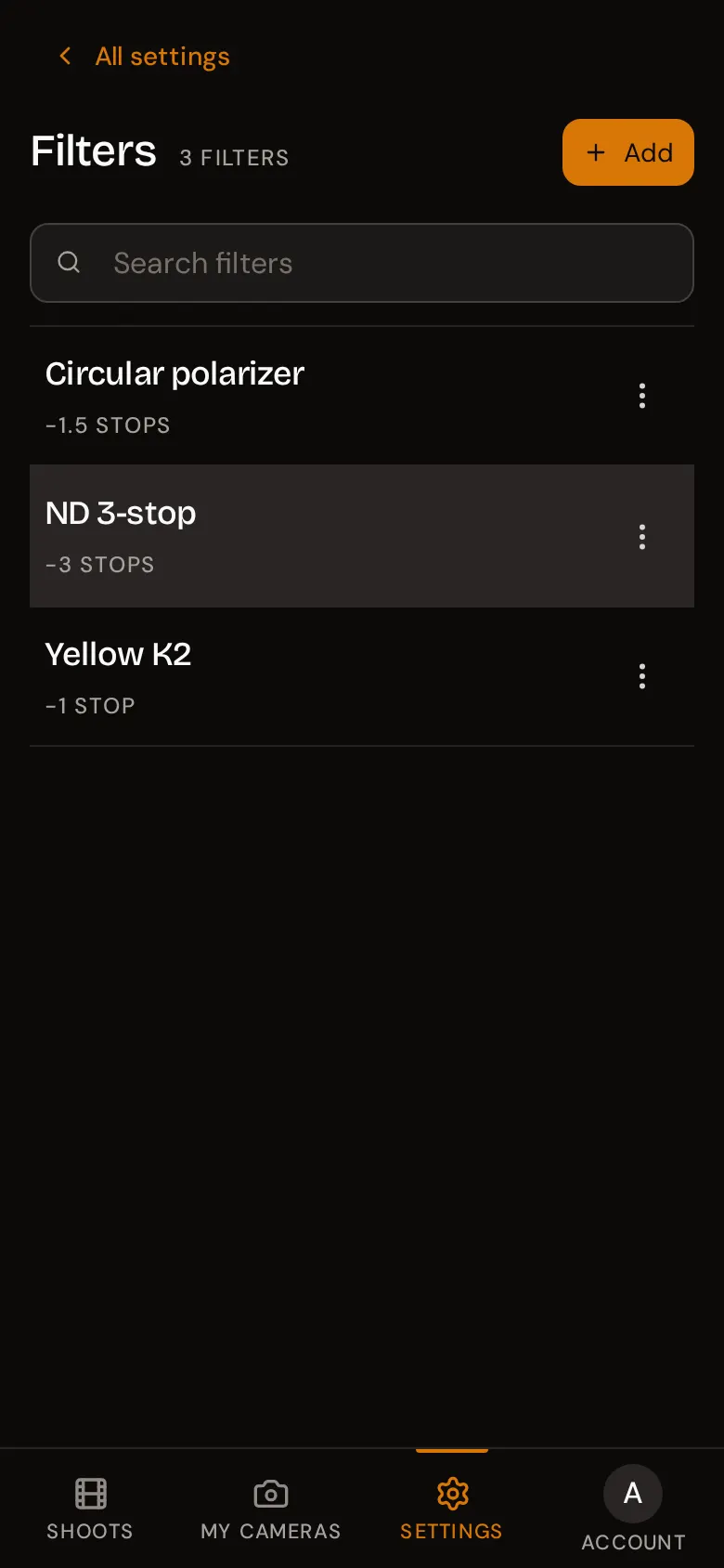 The Filters list showing a circular polarizer at -1.5 stops, an ND 3-stop filter, and a Yellow K2 at -1 stop