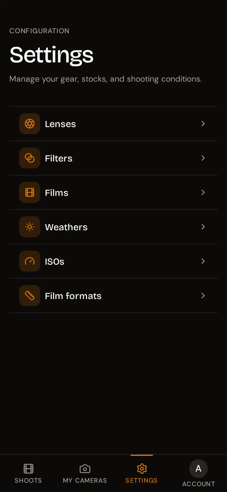 The Settings page listing Lenses, Filters, Films, Weathers, ISOs, and Film formats