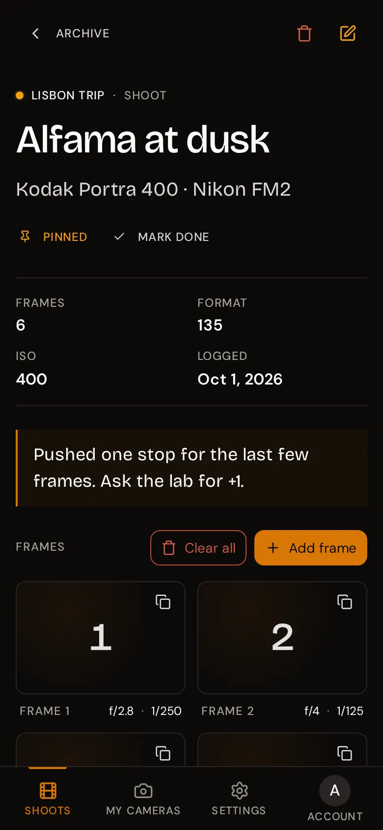 A shoot page showing the roll name, film, camera, stats, notes, and a grid of numbered frames