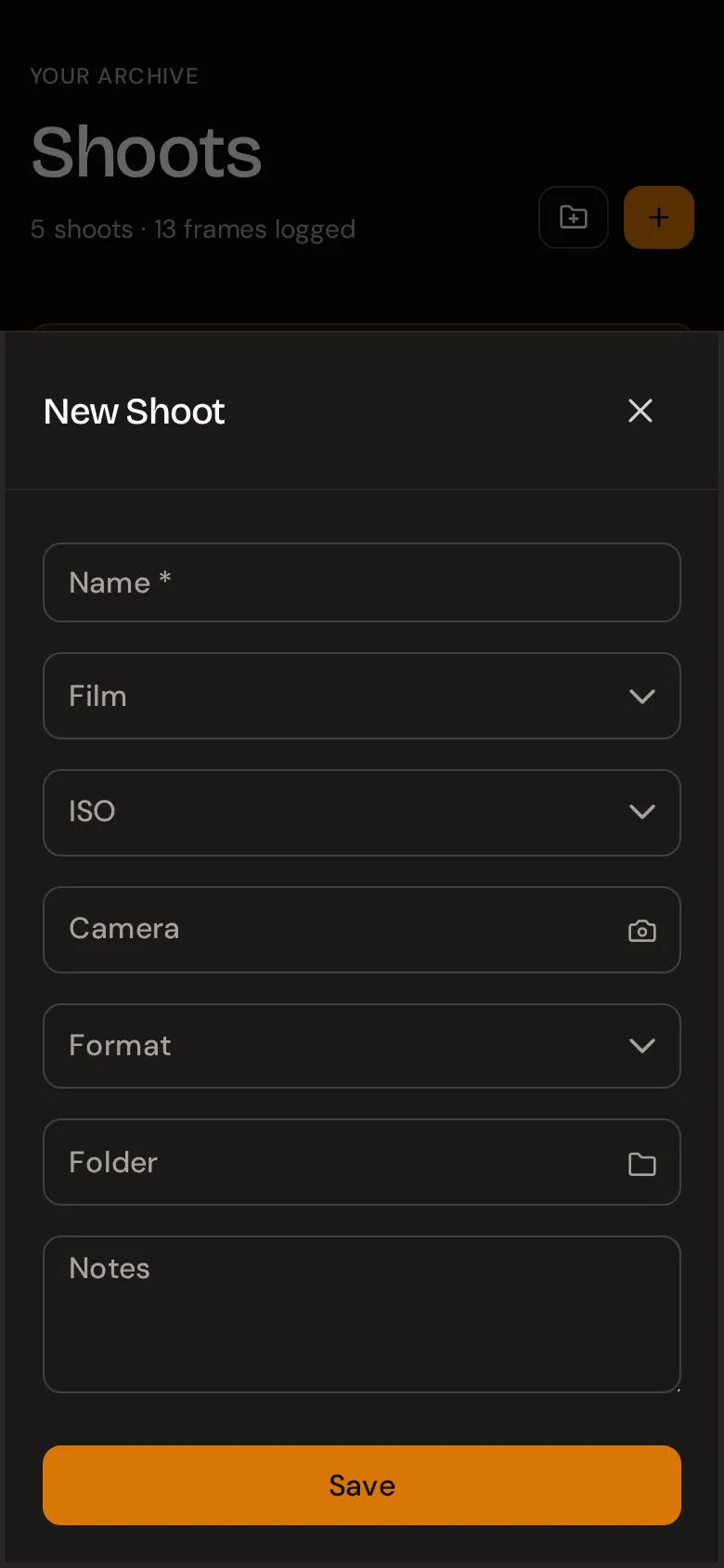 The New Shoot form with fields for name, film, ISO, camera, format, folder, and notes