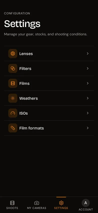 rollnote settings screen with lenses, filters, film stocks, weather conditions, ISO values, and film formats