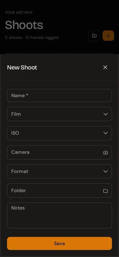 rollnote new-shoot form with name, film stock, ISO, camera, format, folder, and notes fields